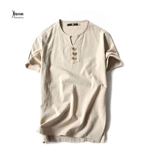 Плюс Размеры 5XL Новая Летняя коллекция; китайское платье с разрезами с Для мужчин однотонный блузка 4XL короткий рукав с v-образным вырезом из хлопка и льна 3XL Кунг-Фу рубашка Топ YZT081304