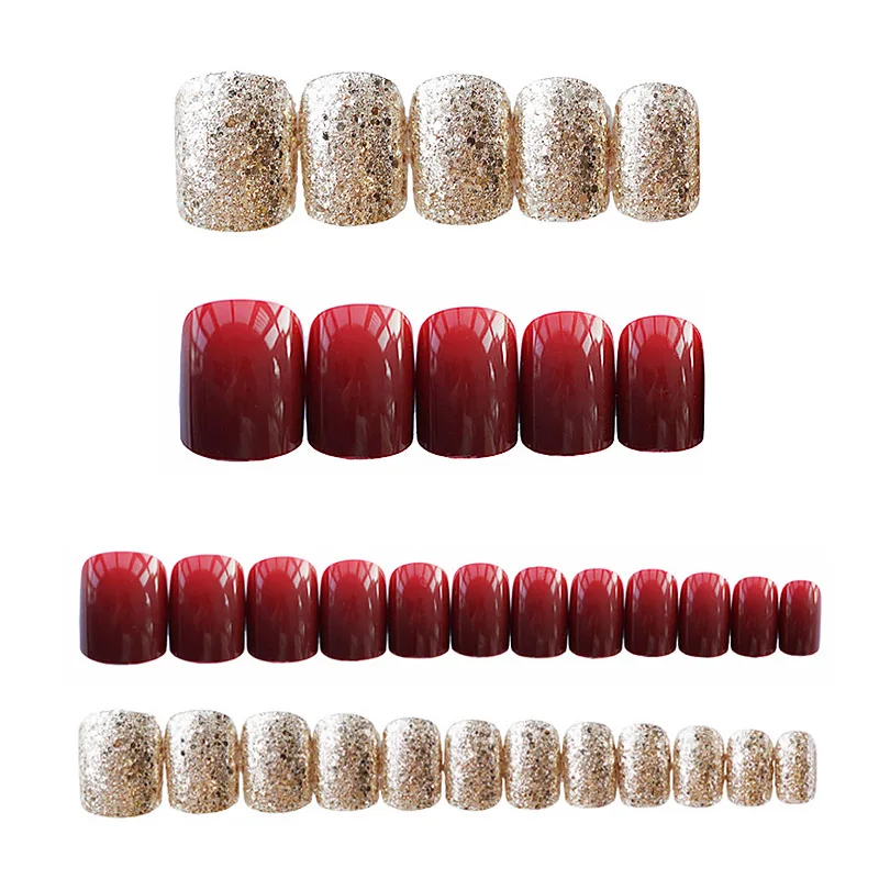 Gorgeous Women Nail Art tools 24pcs/set Red Gold Cady Glitter Color Fake Nails With Glue Short Full Nail Tips Hybrid Nail TY