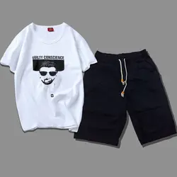 2 шт. Летняя мужская спортивная одежда комплект для бега с графическим принтом Футболка хлопок Повседневная доска костюм с шортами