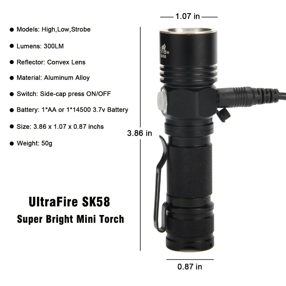 UltraFire 2 шт. Мини светодиодный фонарик CREE 3 режима фонарь Портативный Luz Flash usb зарядка 14500/AA батарея(не входит в комплект