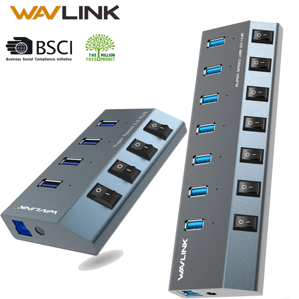 Wavlink USB концентратор 3,0 высокоскоростной 4/7 портов Micro USB 3,0 концентратор разветвитель вкл/выкл переключатель с адаптером питания для MacBook Pro ноутбука ПК