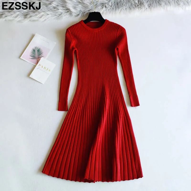 elegant Long sleeve OL O-neck long Sweater dress women Thick knit Autumn Winter dress female Slim A-line basic dress casual pink dress Dresses