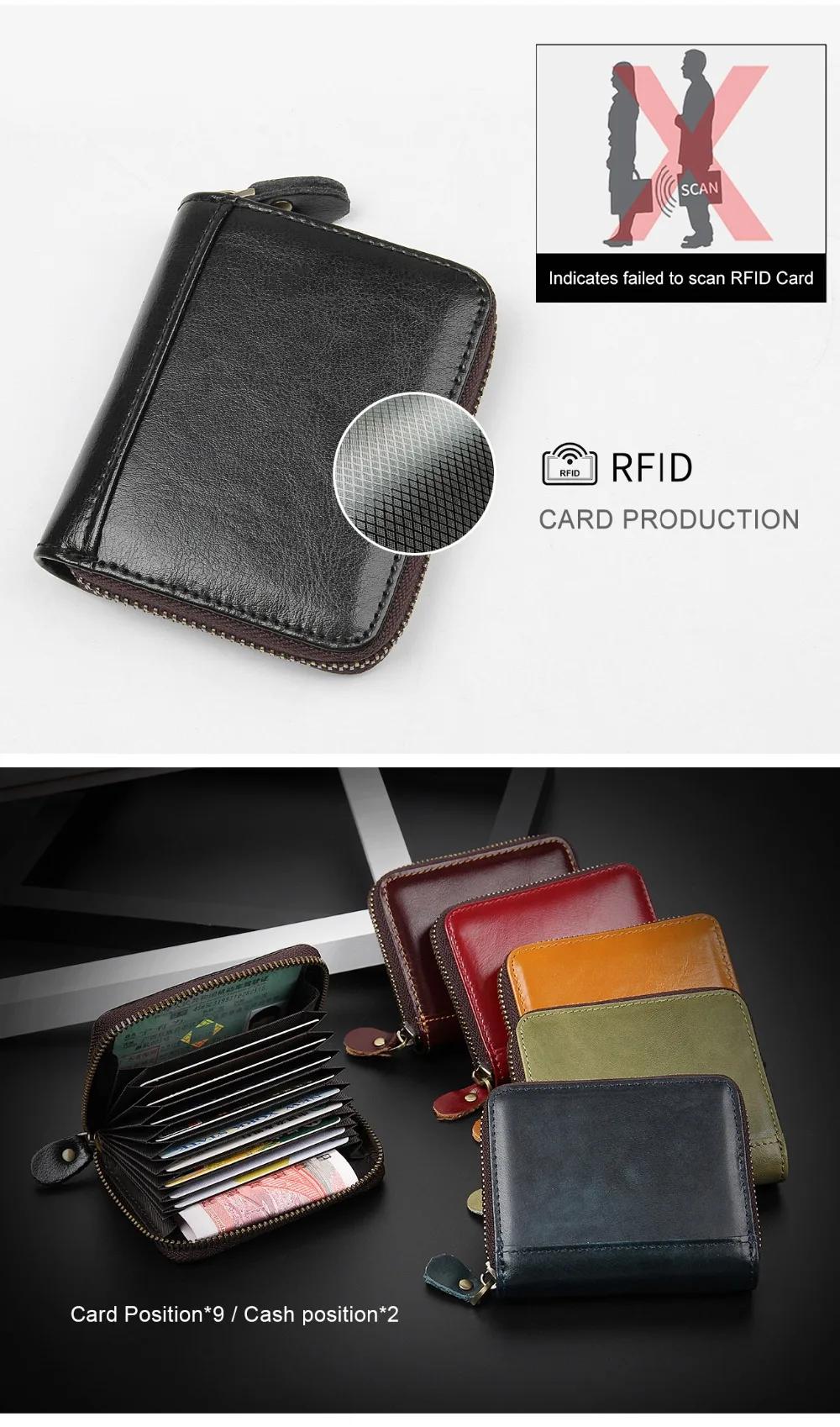 Визитница Винтаж дубления кожи на молнии вокруг бумажник кофе RFID Блокировка держатель для карт R-8117