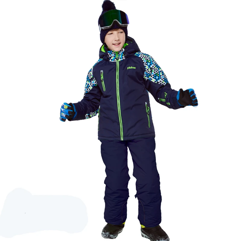 Phibee/зимний лыжный костюм для мальчиков; теплая водонепроницаемая ветрозащитная одежда для сноуборда; зимняя куртка; детская одежда; одежда для детей - Цвет: DarkBlue