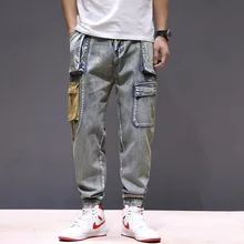 Осень-зима, модные мужские джинсы в стиле панк, штаны для бега с большим карманом на лодыжке, брюки-карго в стиле хип-хоп, мужские джинсы