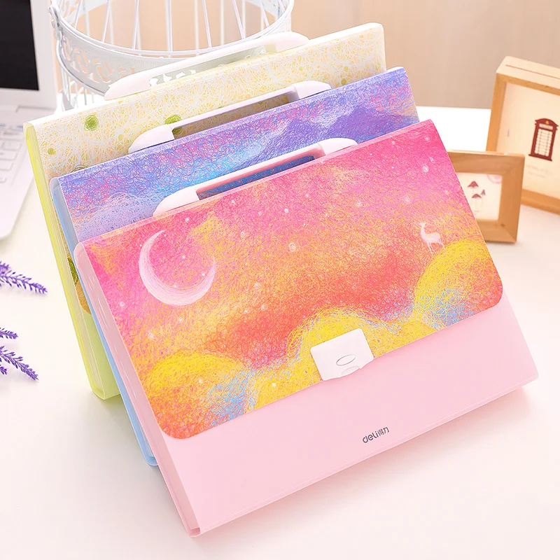 

1 Pc Candy Color Plastic A4 Expanding Wallet 13 Layers With Handle and Safety Lock Documents Bag 3 Colors Deli 5857
