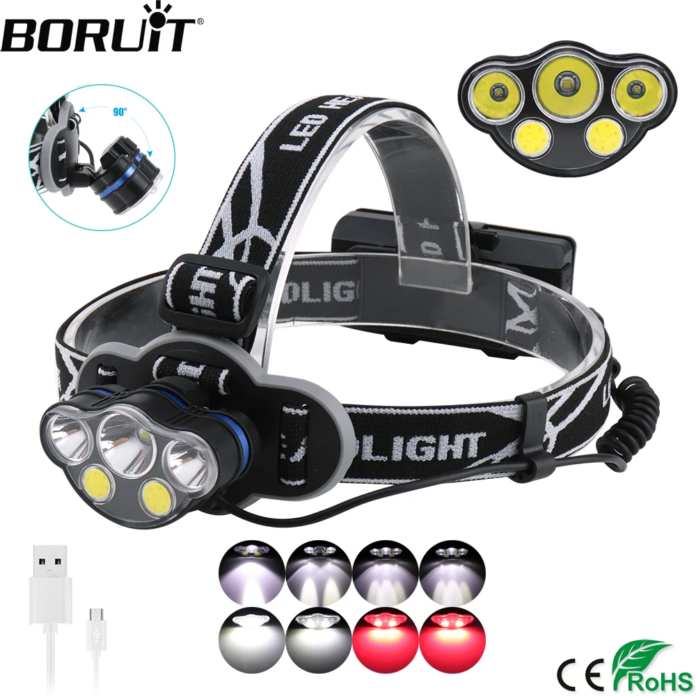 cheap BORUiT 50000LM T6 LED HeadLamp 8 Mode USB Charger Headlight Red XPE COB Head Torch Fishing Camping Flashlight Use 18650 Battery