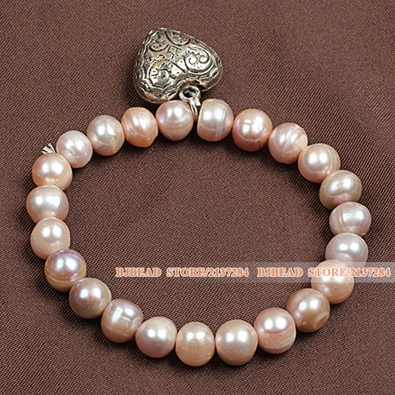 Best Gift Simple Elegant Style Natural Pink Freshwater Pearl Elastic/ Stretch Bracelet With Tibet Silver Heart Shape Charm | Украшения и