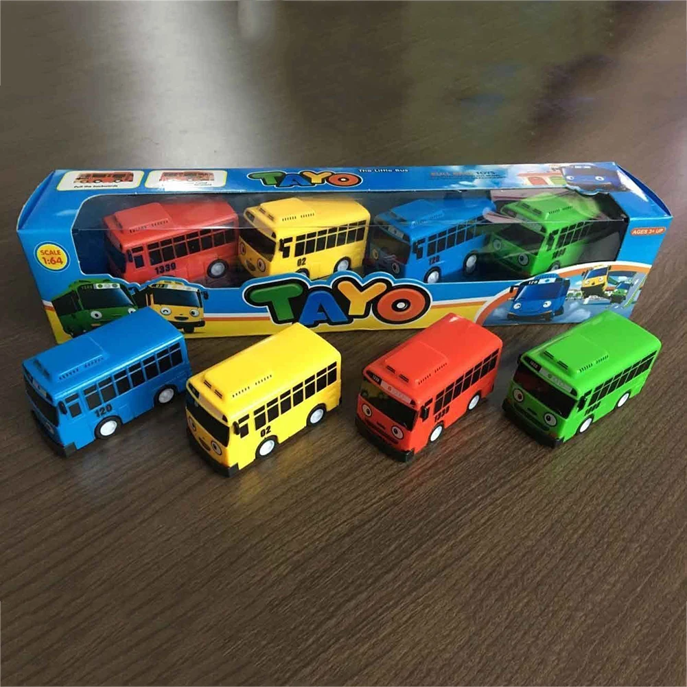 4 шт./упак. мультфильм Мини TAYO шины Такси сзади детские образовательные игрушки включают светящиеся объекты маленький автобус корейское аниме, мультипликационный принт, модель автобусов для детей подарки на день рождения