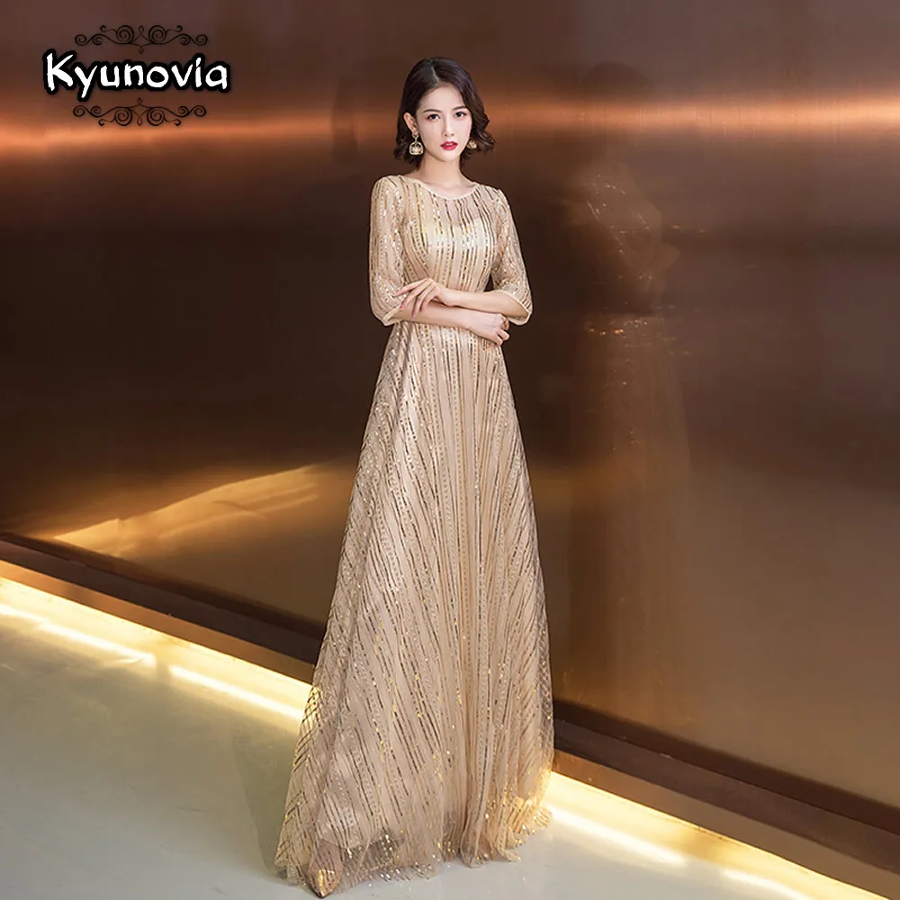 Новинка 2019 прямые длинные вечерние платья Kyunovia с круглым вырезом блестящее