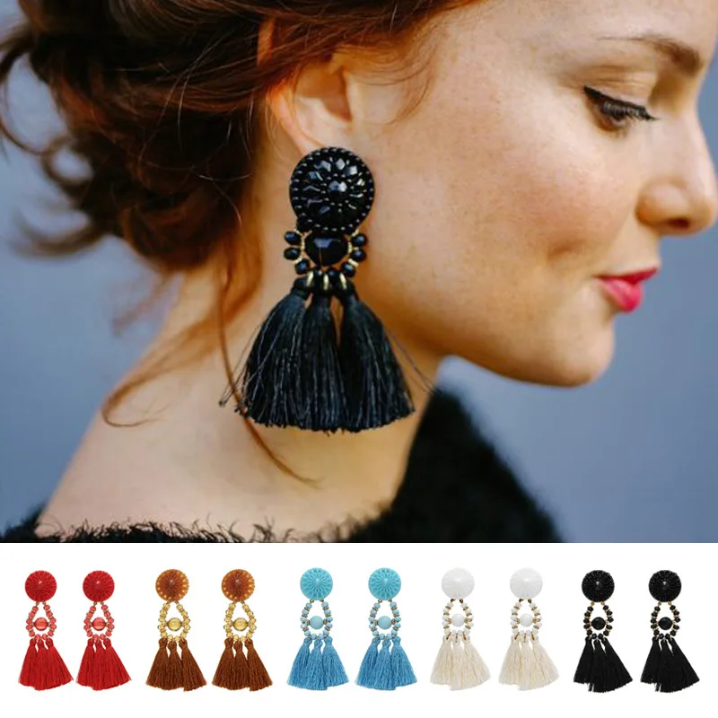 

Bohemia Long Crystal Tassels Drop Earrings Fashion Jewelry Round Black Square Geometric Acrylic Bead Statement Earrings 2019
