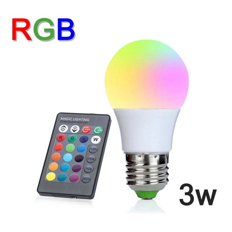 

NEW E27 3W RGB LED Lamp Lampara LED RGB Bulb 110V 220V 230V High Power LED Light Lamp Energy Saving With 24key IR Remote