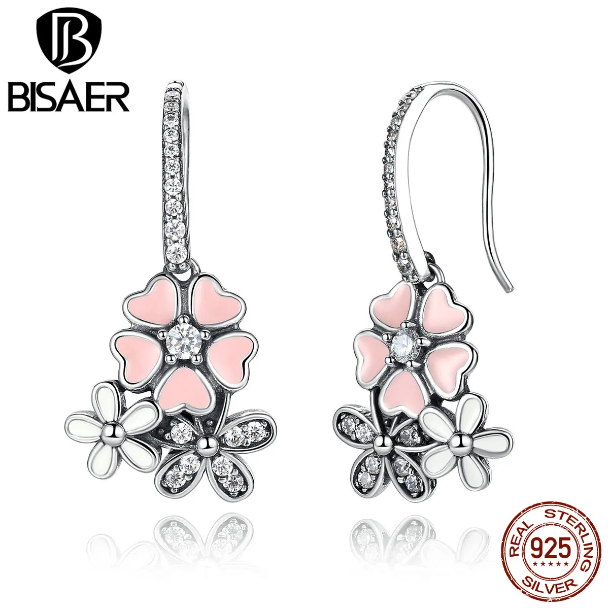 

BISAER 100% 925 Sterling Silver Pink Flower Poetic Daisy Cherry Blossom Stud Earrings Fashion Silver Jewelry HSE016