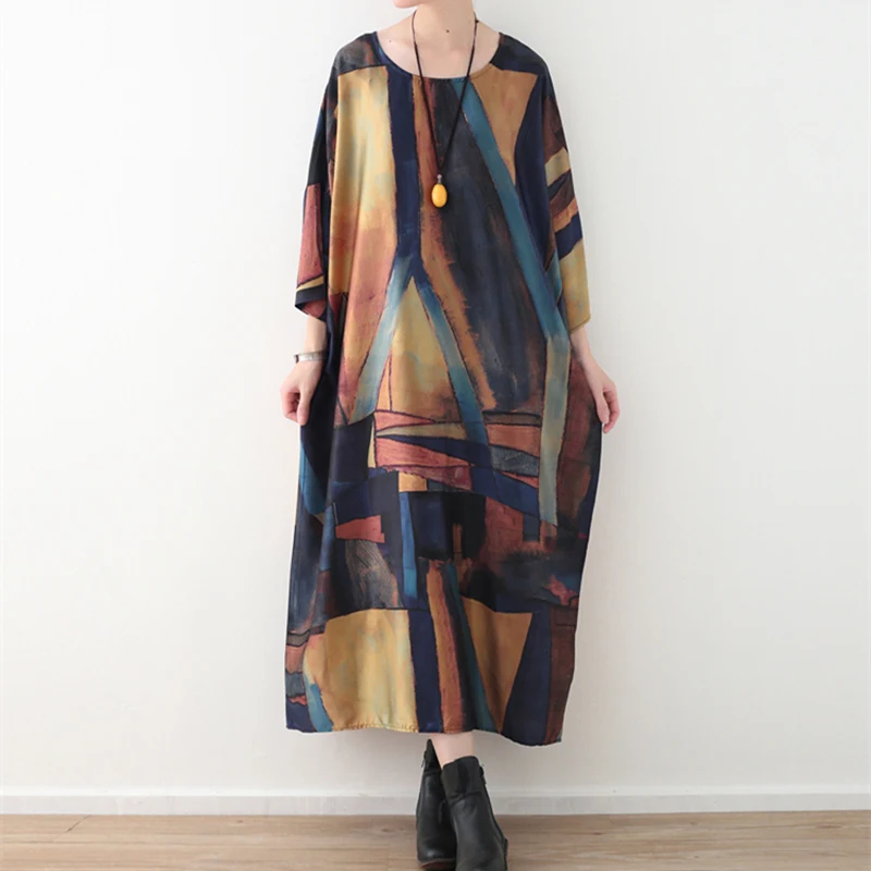 

Johnature Women Print Loose Large Size Three Quarter Sleeve Dresses New 2019 Spring Vintage Batwing Sleeve O-Neck Long Dresses