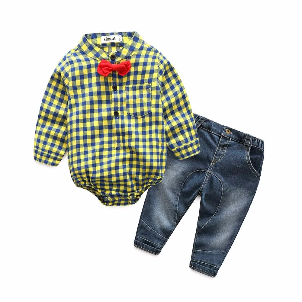 Kimocat/осенне-весенняя одежда для маленьких мальчиков и девочек комбинезоны с длинными рукавами, Рубашки+ джинсы одежда для маленьких мальчиков комплект одежды для малышей