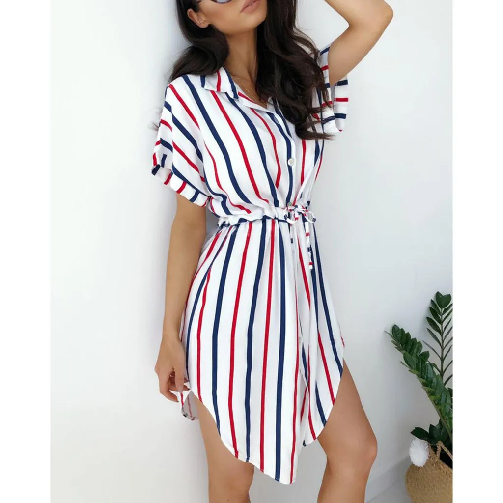 

Women Summer Boho Dress Elbise Vestidos Verano 2019 Short Sleeve Turn-Down Collar Striped Dress Knee-Length Sundress Sukienki