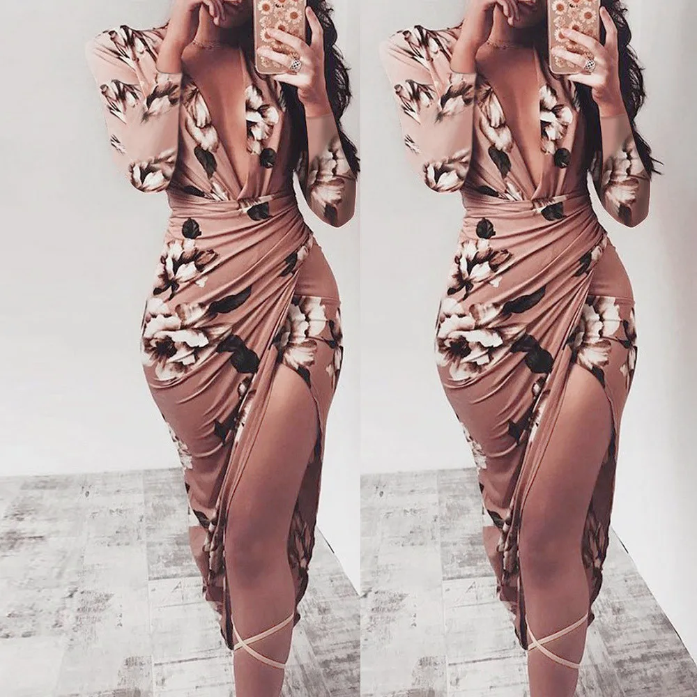 

2019 Top Women Autumn Winter Casual Floral Print Long Sleeve Bodycon Dress