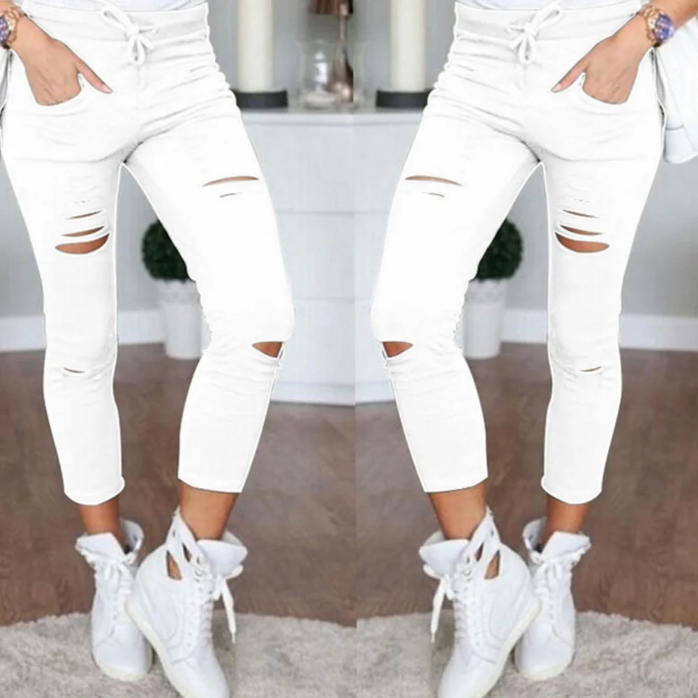 

Summer Women Skinny Cut Pencil Pants High Waist Stretch Jeans Trousers Casual Fashion Cotton Pants Legging White Black Plus Size