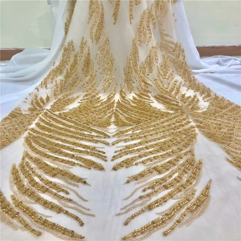 

5yard high-end heavy handmade beaded lace fabric white/Gold /gray wedding dress lace fabric A1270-1