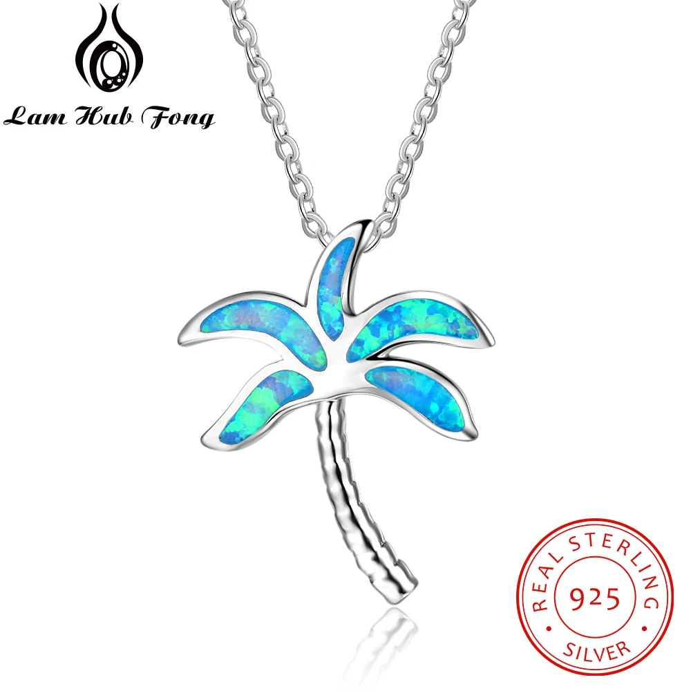 

925 Sterling Silver Blue Opal Necklaces Coconut Palm Tree Pendant Necklaces Anniversary Gifts Summer Jewelry (Lam Hub Fong)