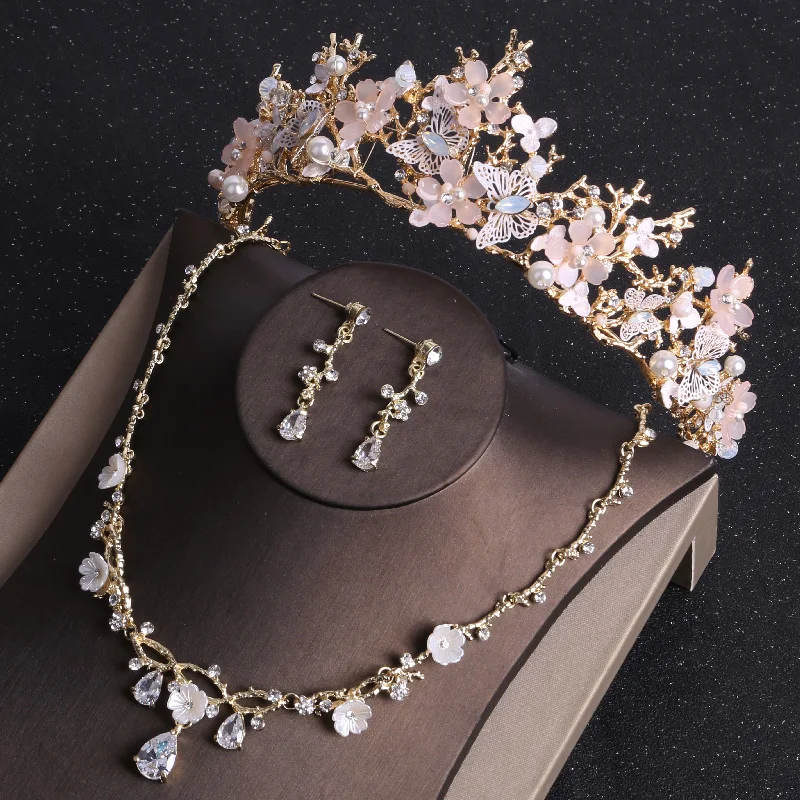 Baroque Gold Color Butterfly Crystal Costume Jewelry Sets Rhinestone Choker Necklace Earrings Tiaras Crown Wedding Jewelry Set bridal jewelry sets