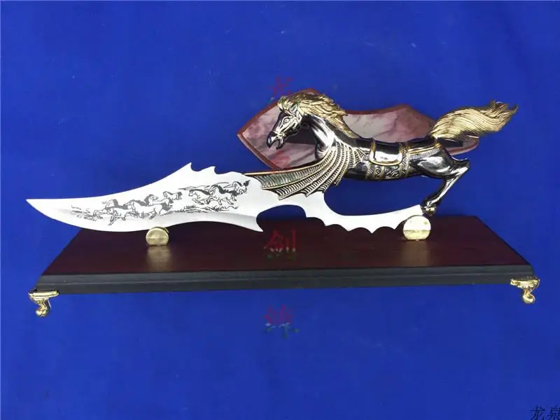 

S0092 BRASS GOLD FLYING HORSE PEGASUS DEATH KNIFE SWORD DAGGER W/ WOOD STAND 18.2"