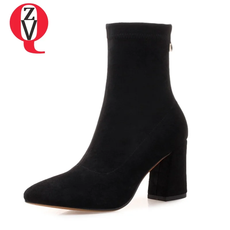 

ZVQ shoes women pointed toe ankle boots fashion newset zipper high heels 2018 hot sale suede office party shoes big size shoes