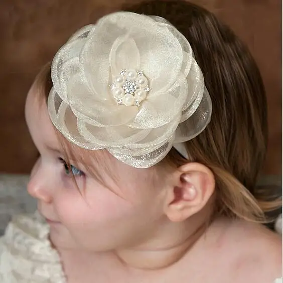 

100pcs DHL Free shipping IVORY satin organza hair bow Flower girl rhinestone pearl
