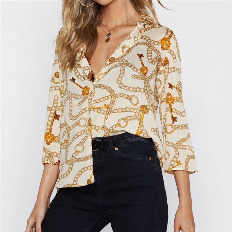 

2019 Autumn Women Tops Blouses Elegant Long Sleeve Print V-Neck Chiffon Blouse Female Work Wear Shirts Plus Size 3 Lapel Blusa
