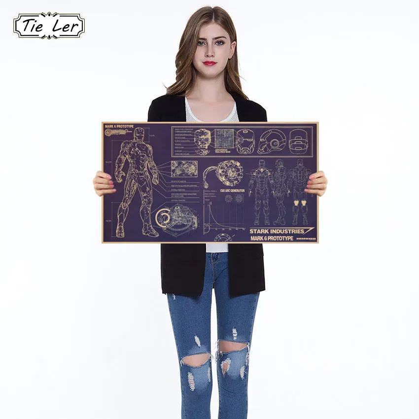 

1PC Iron Man Design Drawings Nostalgic Retro Kraft Paper Poster Decorative Painting Home Decor Wall Sticker