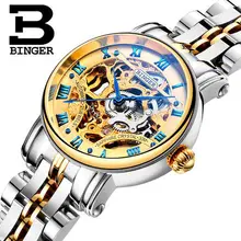Switzerland luxury women brand BINGER Watches Woman Retro Roman Numerals Hollow Skeleton Golden Tone Wristwatch Mechanical Watch