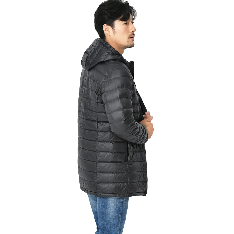 Men Mid-Long Jacket Winter Coat 90% Duck Down Parkas Hooded Ultra Light Solid Color Autumn Windbreaker Zipper