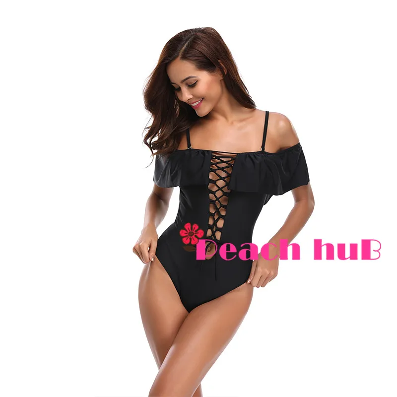 One Piece Swimwear Black Swimsuit Ruffle Sleeve Swimsuit Off Shouder Push Up Swimwear Women Trikini Swim Suit Bandage (1)