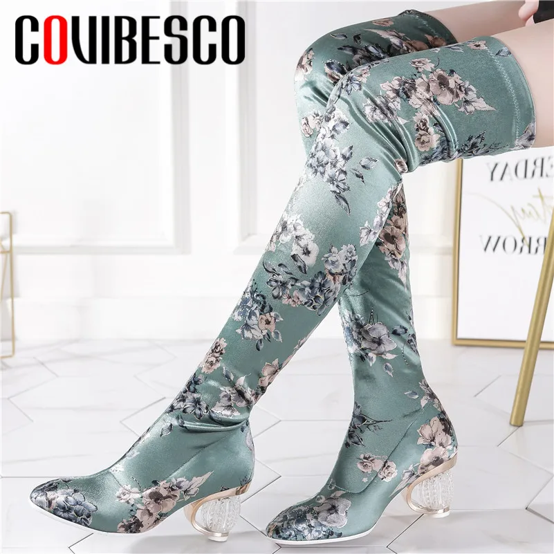 

COVIBESCO Print Fashion Slip-on Warm Spring Autumn Women Over The Knee Boots Sexy Elegant Strange Heels Party Prom Shoes Woman