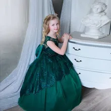 Очаровательный темно-зеленое вечернее платье с цветочным узором для девочек Для свадебной вечеринки Кружева Аппликация с большим бантом шлейф со складками детская