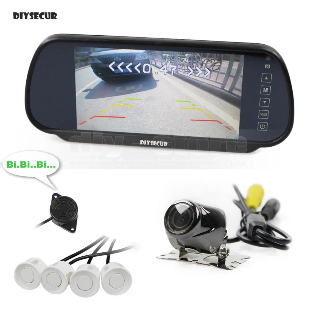 

DIYSECUR 7inch Build-in LCD Display Mirror Car Monitor + Rear View Car Camera Video Parking Radar 4 Sensors Parking Accessories