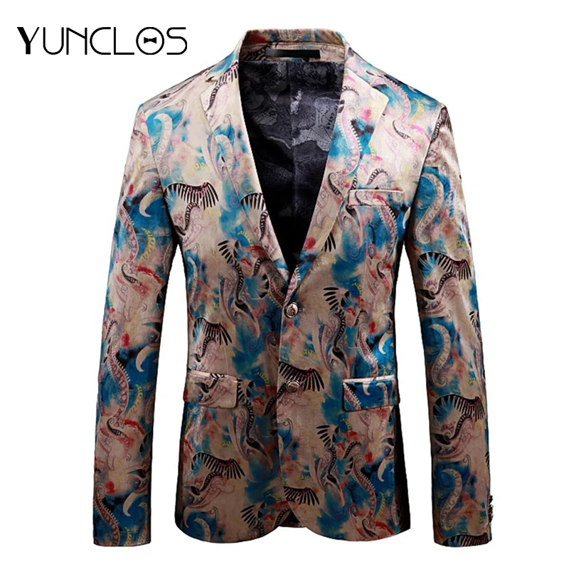 

YUNCLOS 2019 Fashion Printed Men's Blazer Wedding Party Slim Fit Suit Jackets High Quality Perform Suits Blazer Jackets for Men
