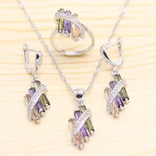 925 серебряные ювелирные наборы для женщин, разноцветный кубический цирконий, ожерелье, подвеска, серьги, кольца, подарочная коробка