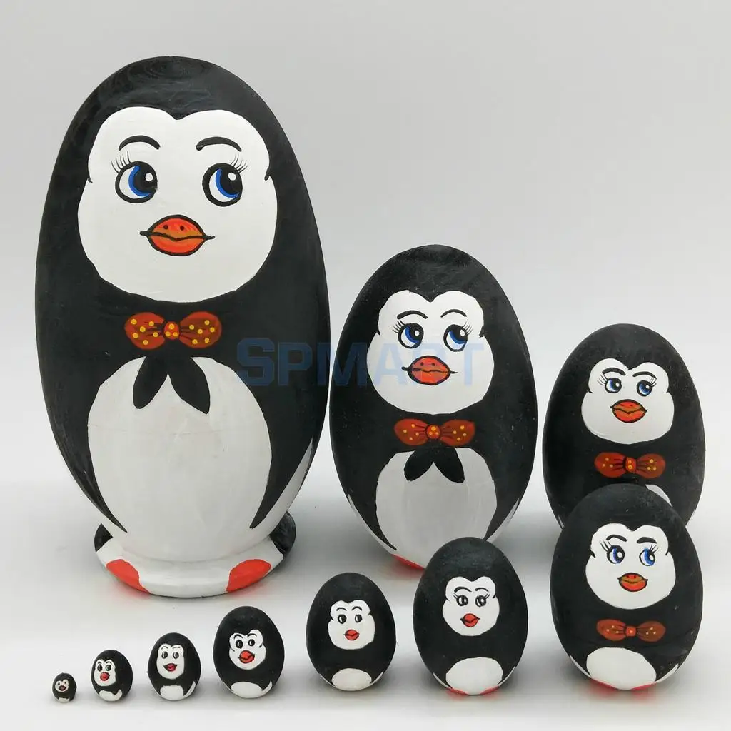10 Pieces Penguin Russian Nesting Dolls Wooden Babushka Matryoshka Dolls Toy Christmas Gift Home Display Decor