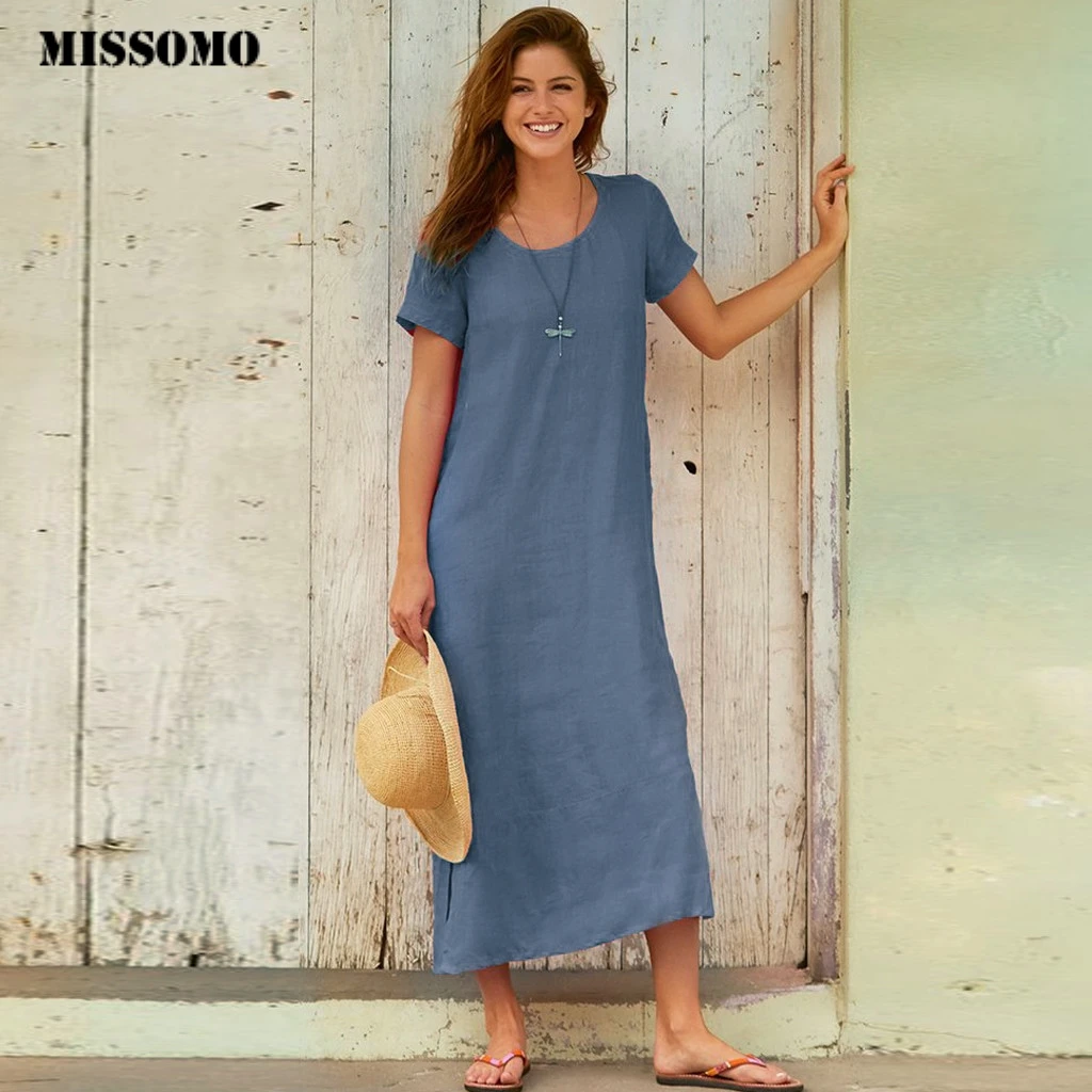 

MISSOMO Women Summer Dress Cotton Linen Pocket Casual split Long Maxi Beach Dress Short Sleeve O Neck vestidos Robe Femme 611