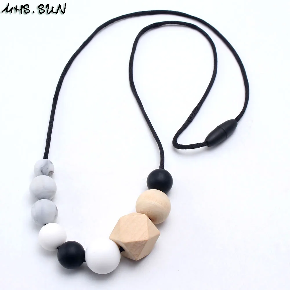 

MHS.SUN Baby Silicone Beads Necklace With Original Wooden Beads Teething Nursing Necklace Chewable Teether Silicone Jewelry 1Pcs