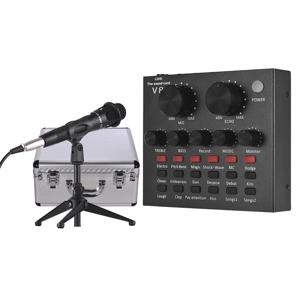 

External Sound Card USB Audio Interface + Wired Condenser Microphone + Microphone Desktop Tripod Stand + Monitor Earphone