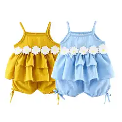 Летний комплект одежды для маленьких девочек, жилет с цветочным принтом без рукавов на бретелях, топы + шорты, костюмы, комплекты