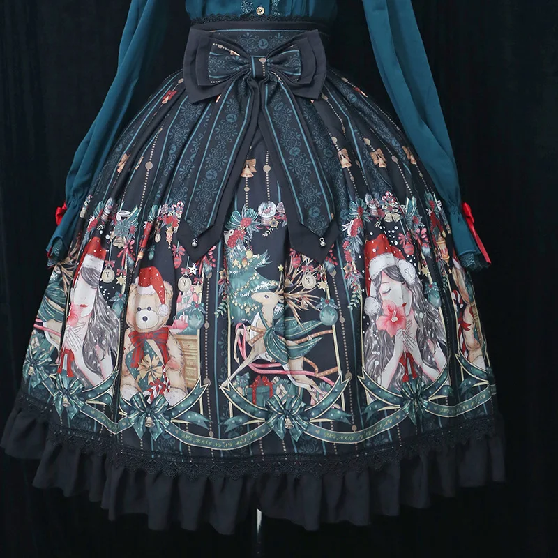 Vrolijk Kerstfeest ~ Zoete Gedrukt Hoge Taille Lolita Rok Verstoorde Lange Rok Vrolijk Kerstfeest ~ Zoete Gedrukt Hoge Taille Lolita Rok Verstoorde Lange Rok