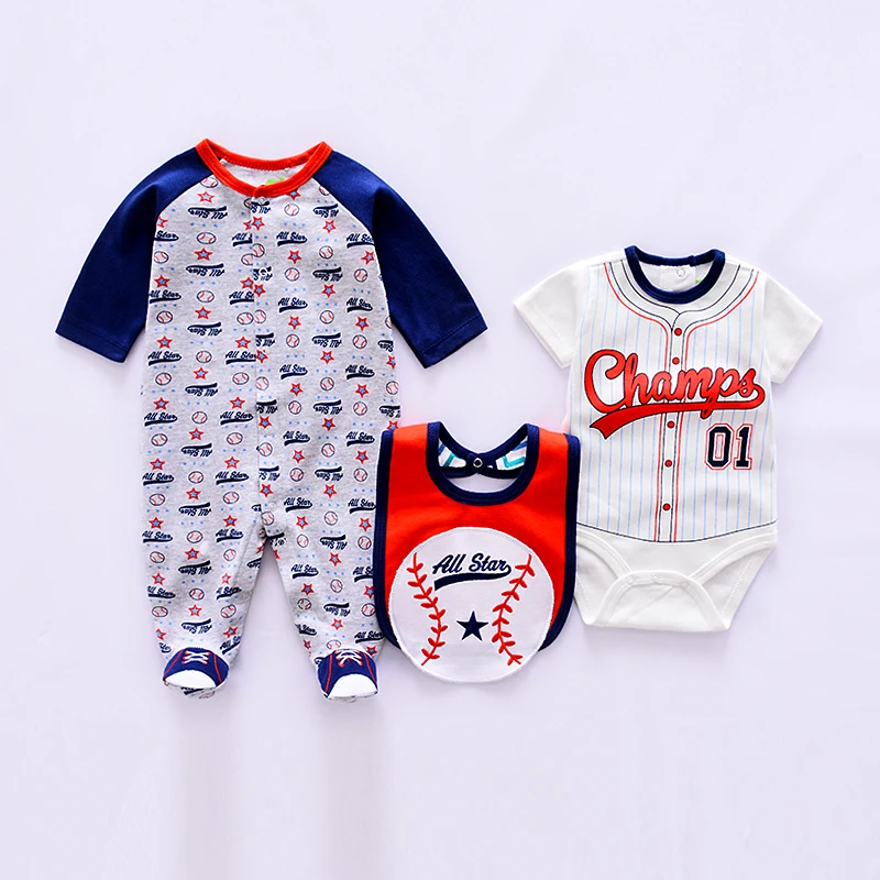Комплект одежды для малышей, Милый хлопковый костюм для маленьких мальчиков, костюм для новорожденных, 3 предмета, комбинезон с длинными рукавами+ боди+ нагрудник