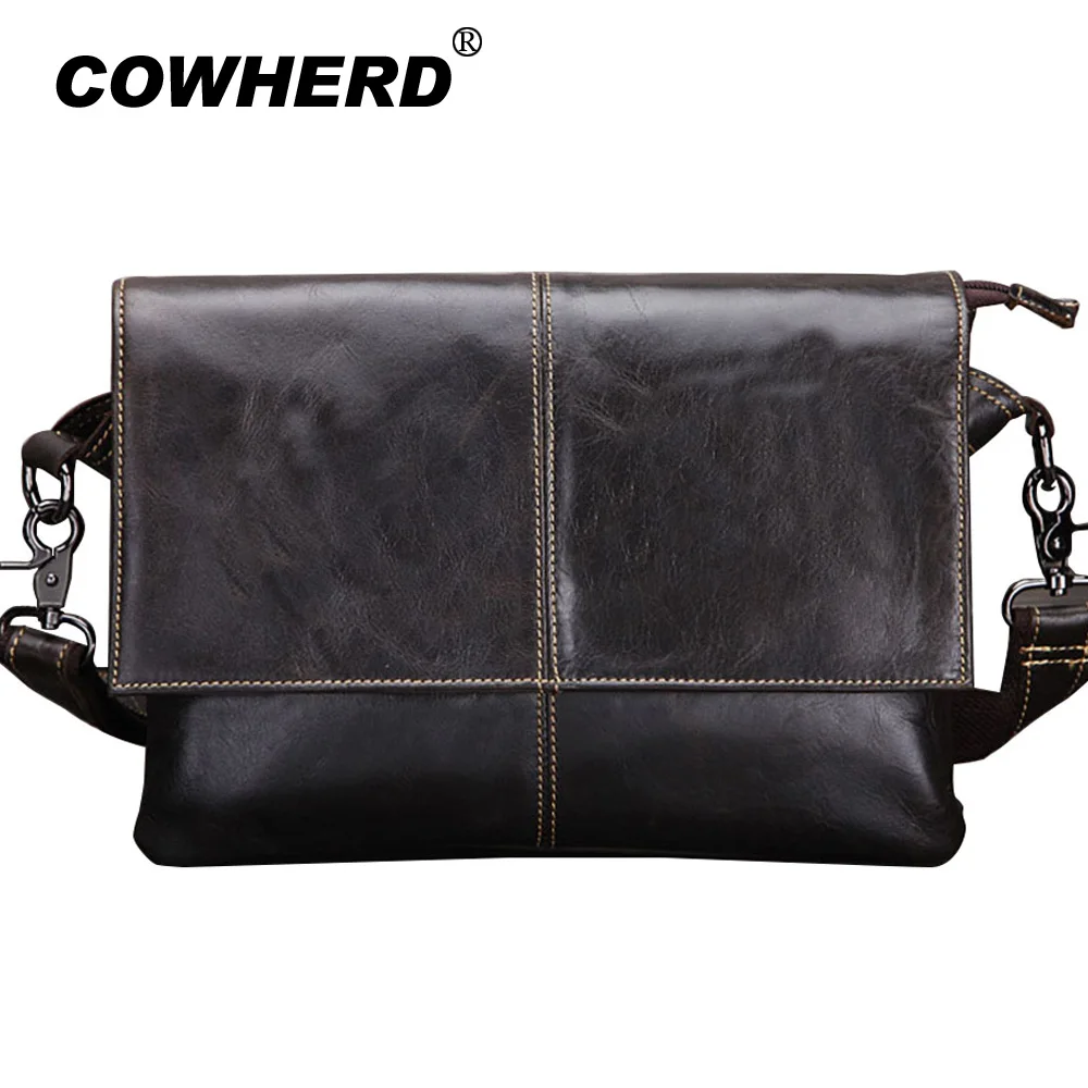 

COWHERD Male Natural Cowhide Leather Envelope Business Tablet Handbag Men shoulder Messenger Bags Oil Wax Skin File Briefcase