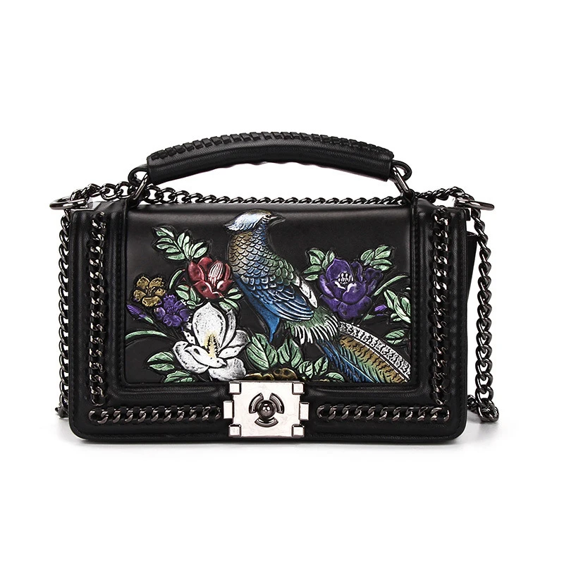 

fashion national women pu flap chain crossbody shouder bag women floral birds spring autumn ladies handbag