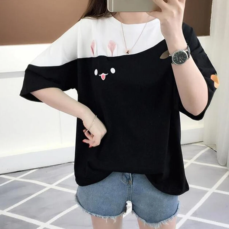 

Female Lovely Pink Rabbit T Shirts 2019 Cute Carrot Short Sleeve Anime Bunny Tee Tops Mori Girl Kawaii T-Shirt