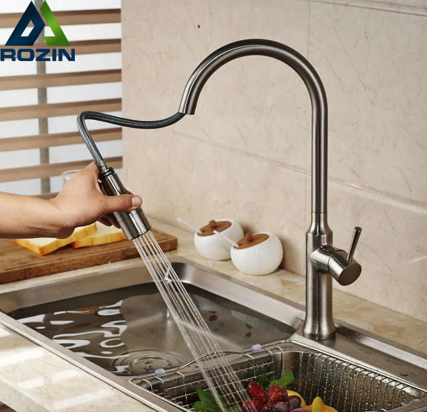 Brushed Nickel Pull Out down Kitchen Sink Mixer Taps Single Lever Dual Sprayer Nozzle