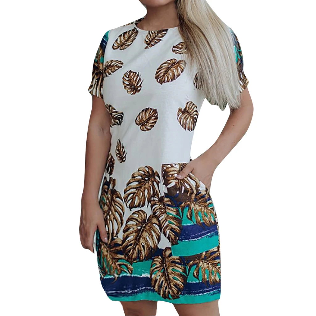 

FREE OSTRICH Women Dress Hawaiian Style Leaf Pattern O-Neck Beach Sundress Multicolor Fashion Trend Elegant Summer short Dress